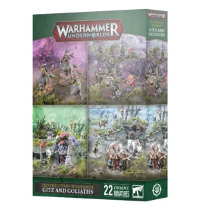 Boîte d'emballage cartonnée du set de figurines Bandes de la Destruction: Colosses et Avortons (indiqué sous son titre anglais Destruction Warbands: Gitz and Goliaths) pour le jeu Warhammer Underworlds, présentée de trois quarts en perspective sur un fond blanc neutre. La face avant de la boîte affiche au sommet le logo rouge et blanc "Warhammer Underworlds". L'illustration principale est divisée en quatre sections présentant chacune une bande de figurines peintes dans des environnements fantastiques colorés. En haut à gauche, des gobelins montés sur de féroces loups gris progressent sur un sol brumeux et rocheux aux teintes violettes. En haut à droite, une horde de petits gobelins hargneux accompagnés de squigs rouges et ronds s'active au milieu d'un sous-bois verdâtre. En bas à gauche, un immense troggoth de pierre grisâtre coiffé d'un grand champignon rouge se dresse fièrement aux côtés de petites créatures sylvestres. En bas à droite, des guerriers humains barbares et musclés avancent de manière menaçante aux côtés d'un grand félin blanc de combat. Le bas de la boîte comporte un large bandeau vert texturé affichant le titre en anglais "DESTRUCTION WARBANDS GITZ AND GOLIATHS", la mention "22 CITADEL MINIATURES", le logo blanc de Warhammer et une rune blanche de la Destruction. La tranche droite de la boîte, également de couleur verte, présente le logo de la gamme, le titre du produit et un aperçu vertical de l'illustration montrant les gobelins montés sur loups.