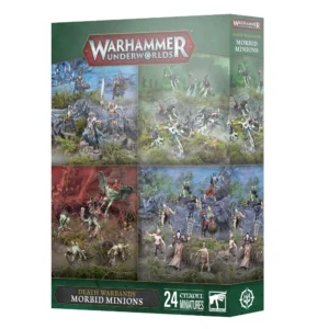Boîte d’emballage cartonnée du set de figurines Bandes de la Mort: Sbires Morbides (indiqué sous le titre anglais Death Warbands: Morbid Minions) pour le jeu Warhammer Underworlds, présentée de trois quarts en perspective sur un fond blanc neutre. La face avant de la boîte affiche au sommet le logo rouge et gris "Warhammer Underworlds". L'illustration principale de la boîte est divisée en quatre sections distinctes montrant différentes bandes de morts-vivants peintes dans leurs environnements respectifs. En haut à gauche, des squelettes équipés d'armes et de boucliers bleus et dorés avancent sur un sol de ruines rocheuses sombres. En haut à droite, des spectres brumeux d'un vert éthéré et translucide flottent au-dessus d'un marécage forestier. En bas à gauche, des ghoules féroces et décharnées à la peau verdâtre s'agitent dans une grotte rougeâtre jonchée de crânes. En bas à droite, des zombies décrépits et des nécromanciens en longues robes de tissu se dressent au cœur d'une brume bleutée et mystique. Le bas de la boîte comporte un large bandeau vert texturé affichant le titre anglais "DEATH WARBANDS MORBID MINIONS", la mention "24 CITADEL MINIATURES", le logo blanc de la marque Warhammer et une rune blanche de la Mort. La tranche droite de la boîte, également de couleur verte, présente le logo du jeu, le titre du produit et un aperçu vertical de l'illustration représentant les spectres verdâtres. La face avant de la boîte affiche au sommet le logo rouge et gris "Warhammer Underworlds". L'illustration principale est divisée en quatre sections montrant différentes bandes de morts-vivants peintes dans leurs environnements respectifs : En haut à gauche, des squelettes équipés d'armes et de boucliers bleus et dorés avancent sur un sol de ruines rocheuses. En haut à droite, des spectres brumeux d'un vert éthéré flottent au-dessus d'un marécage forestier. En bas à gauche, des ghoules féroces à la peau verdâtre s'agitent dans une grotte rougeâtre jonchée de crânes. En bas à droite, des zombies et des nécromanciens en longues robes se dressent au cœur d'une brume bleutée. Le bas de la boîte comporte un large bandeau vert texturé affichant le titre anglais "DEATH WARBANDS MORBID MINIONS", la mention "24 CITADEL MINIATURES", le logo blanc de Warhammer et une rune blanche de la Mort. La tranche droite de la boîte, également verte, présente le logo du jeu, le titre du produit et un aperçu vertical de l'illustration des spectres.