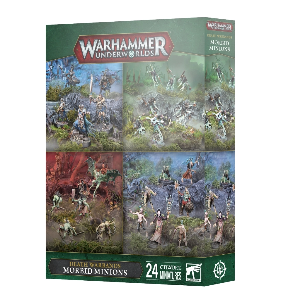 Boîte d’emballage cartonnée du set de figurines Bandes de la Mort: Sbires Morbides (indiqué sous le titre anglais Death Warbands: Morbid Minions) pour le jeu Warhammer Underworlds, présentée de trois quarts en perspective sur un fond blanc neutre. La face avant de la boîte affiche au sommet le logo rouge et gris "Warhammer Underworlds". L'illustration principale de la boîte est divisée en quatre sections distinctes montrant différentes bandes de morts-vivants peintes dans leurs environnements respectifs. En haut à gauche, des squelettes équipés d'armes et de boucliers bleus et dorés avancent sur un sol de ruines rocheuses sombres. En haut à droite, des spectres brumeux d'un vert éthéré et translucide flottent au-dessus d'un marécage forestier. En bas à gauche, des ghoules féroces et décharnées à la peau verdâtre s'agitent dans une grotte rougeâtre jonchée de crânes. En bas à droite, des zombies décrépits et des nécromanciens en longues robes de tissu se dressent au cœur d'une brume bleutée et mystique. Le bas de la boîte comporte un large bandeau vert texturé affichant le titre anglais "DEATH WARBANDS MORBID MINIONS", la mention "24 CITADEL MINIATURES", le logo blanc de la marque Warhammer et une rune blanche de la Mort. La tranche droite de la boîte, également de couleur verte, présente le logo du jeu, le titre du produit et un aperçu vertical de l'illustration représentant les spectres verdâtres. La face avant de la boîte affiche au sommet le logo rouge et gris "Warhammer Underworlds". L'illustration principale est divisée en quatre sections montrant différentes bandes de morts-vivants peintes dans leurs environnements respectifs : En haut à gauche, des squelettes équipés d'armes et de boucliers bleus et dorés avancent sur un sol de ruines rocheuses. En haut à droite, des spectres brumeux d'un vert éthéré flottent au-dessus d'un marécage forestier. En bas à gauche, des ghoules féroces à la peau verdâtre s'agitent dans une grotte rougeâtre jonchée de crânes. En bas à droite, des zombies et des nécromanciens en longues robes se dressent au cœur d'une brume bleutée. Le bas de la boîte comporte un large bandeau vert texturé affichant le titre anglais "DEATH WARBANDS MORBID MINIONS", la mention "24 CITADEL MINIATURES", le logo blanc de Warhammer et une rune blanche de la Mort. La tranche droite de la boîte, également verte, présente le logo du jeu, le titre du produit et un aperçu vertical de l'illustration des spectres.