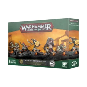 Boîte d'emballage cartonnée pour le jeu Warhammer Underworlds présentant les Brakonneurs de Borgit, vue en perspective de trois quarts sur un fond blanc neutre. Le sommet de la boîte arbore le logo officiel du jeu en lettres argentées sur un blason rouge. L'illustration centrale met en scène cinq figurines peintes avec soin, positionnées sur un socle rocheux jonché de cristaux orange incandescents, devant un décor brumeux aux teintes dorées. Au centre du groupe, un monstrueux troggoth gris-violet portant une peau de bête sur les épaules impose sa stature, entouré de quatre gobelins agiles armés de lances, de couteaux, d'arcs et de boucliers ornés de symboles lunaires. Le bas de la boîte comporte un bandeau noir texturé indiquant le contenu avec la mention "5 CITADEL MINIATURES", le nom de la bande "BORGIT'S BEASTGRABBAZ" accompagné du titre en plusieurs langues, ainsi que le logo de la marque Warhammer et l'emblème de la Grande Alliance de la Destruction. La tranche droite de la boîte est de couleur verte avec une répétition verticale du nom de la bande et du logo du jeu.