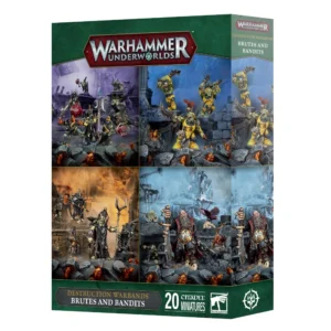 Une vue en perspective de la boîte de produit officielle pour l'ensemble Bandes de la Destruction: Brutes et Bandits de Warhammer Underworlds, présentée sur un fond blanc épuré. La boîte arbore un cadre de couleur vert sylvestre texturé, surmonté en haut au centre du logo officiel rouge et argenté « WARHAMMER UNDERWORLDS ». La face avant est divisée en quatre grands quadrants illustrant le contenu des différentes factions de la Destruction incluses, mettant en scène les vingt figurines Citadel peintes en pleine action : en haut à gauche, des Gobelins et monstres féroces dans une caverne sombre aux reflets violets ; en haut à droite, des Orruks en armure jaune vif s'élançant au combat ; en bas à gauche, des guerriers Kruleboyz sournois armés de lances dans une ambiance brumeuse et orangée ; et en bas à droite, un imposant Ogor façon pirate accompagné de petits gnoblars et d'animaux de compagnie. Le bas de l'emballage est souligné par un cartouche noir indiquant en lettres dorées et blanches « DESTRUCTION WARBANDS / BRUTES AND BANDITS », flanqué du nombre « 20 », du logo carré blanc de Games Workshop et d'un symbole circulaire blanc représentant la saison de jeu.