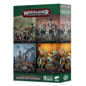 Une vue en perspective de la boîte de produit officielle pour l'ensemble Warhammer Underworlds, présentée sur un fond blanc épuré. La boîte arbore un cadre de couleur vert sylvestre texturé, surmonté en haut au centre du logo officiel rouge et argenté « WARHAMMER UNDERWORLDS ». La face avant est divisée en quatre grands quadrants illustrant le contenu des différentes Bandes de l'Ordre: Héros et Chasseurs, mettant en scène les dix-neuf figurines Citadel peintes en pleine action : en haut à gauche, des chasseurs de sorcières accompagnés de leurs chiens de guerre dans des ruines sombres ; en haut à droite, des guerriers et archers Elfes Lumineth aux armures blanches et bleues ; en bas à gauche, des corsaires nains Kharadron Overlords lourdement armés entourés d'une brume bleutée ; et en bas à droite, des esprits végétaux Sylvaneth aux teintes vert pâle sous une lueur chaleureuse et orangée. Le bas de l'emballage est souligné par un cartouche noir indiquant en lettres dorées et blanches « ORDER WARBANDS / HEROES AND HUNTERS », flanqué du nombre « 19 », du logo carré blanc de Games Workshop et du symbole de la Grande Alliance de l'Ordre.