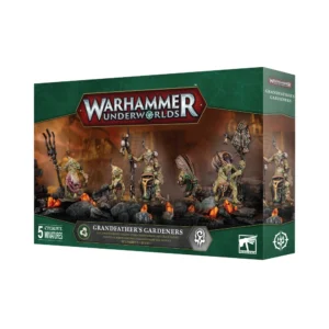 Photo de présentation de trois-quarts sur fond blanc de la boîte de jeu de la bande des Jardiniers de Grand-père. La boîte rectangulaire bordée de vert sombre arbore au sommet le logo officiel "WARHAMMER UNDERWORLDS" inscrit en lettres métalliques sur un cartouche rouge. L'illustration centrale montre 5 figurines peintes de serviteurs de Nurgle évoluant sur un sol rocailleux parsemé de cristaux orange incandescents. La bande comprend des créatures verdâtres et pustuleuses armées d'un trident à trois branches, d'un bâton de sorcier surmonté de cloches, d'une marmite bouillonnante de bile et d'une fiole de poison. Au bas du visuel, la cartouche centrale indique "GRANDFATHER'S GARDENERS" avec la traduction française "LES JARDINIERS DE GRAND-PÈRE" en dessous. La mention "5 CITADEL MINIATURES" figure en bas à gauche et le logo officiel "WARHAMMER" apparaît dans le coin inférieur droit.