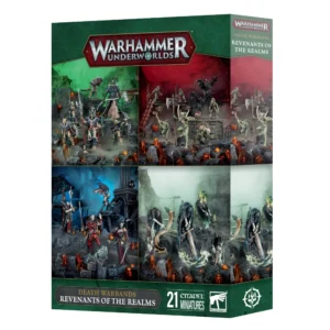 Une vue en perspective de la boîte de produit officielle pour l'ensemble Bandes de la Mort: Revenants des royaumes de Warhammer Underworlds, présentée sur un fond blanc épuré. La boîte arbore un cadre de couleur vert forêt texturé, surmonté en haut au centre du logo officiel rouge et argenté « WARHAMMER UNDERWORLDS ». La face avant est divisée en quatre grands quadrants illustrant les quatre factions de la Mort incluses, mettant en scène les 21 figurines Citadel peintes en pleine action : en haut à gauche, des squelettes en armure antique sous une lueur verte surnaturelle ; en haut à droite, des goules féroces et des chauves-souris géantes dans une crypte baignée d'une ambiance rouge sang ; en bas à gauche, des vampires élégants vêtus d'armures rouges et noires au milieu de ruines gothiques ; et en bas à droite, des spectres éthérés drapés de suaires noirs flottant au-dessus du sol. Le bas de l'emballage est souligné par un cartouche noir indiquant en lettres dorées et blanches « DEATH WARBANDS / REVENANTS OF THE REALMS », flanqué du nombre « 21 », du logo blanc de Games Workshop et du symbole de la Grande Alliance de la Mort.