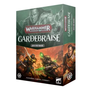 Une vue en perspective de la boîte officielle pour le jeu de base Warhammer Underworlds: Gardebraise, présentée sur un fond blanc uni. Le design de l'emballage est séparé en deux ambiances colorées distinctes. La partie supérieure arbore un fond vert émeraude traversé d'éclairs, mettant en valeur le portrait en noir et blanc d'un guerrier lourdement armé au regard déterminé, surmonté du logo rouge et argenté « WARHAMMER UNDERWORLDS » et du titre « GARDEBRAISE » en lettres blanches avec la mention « JEU DE BASE ». La partie inférieure affiche une illustration de combat dynamique aux couleurs chaudes et volcaniques, orange et rouge, dépeignant un affrontement direct entre un guerrier en armure dorée et un Skaven doté d'une arme technologique émettant une vive lueur verte. Le bas de la boîte est souligné par l'inscription blanche « FIGURINES, CARTES, COMBAT ! » flanquée du logo carré blanc de Games Workshop.