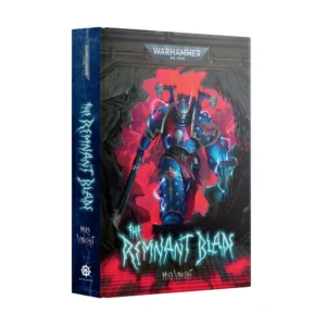 A 3D perspective product shot displaying the front cover and spine of the Black Library novel 'The Remnant Blade (Anglais)' set in the Warhammer 40,000 universe. The haunting cover art depicts a towering Night Lords Chaos Space Marine clad in dark blue power armor adorned with painted lightning bolts, chains, and bone trophies. The menacing warrior wears a signature bat-winged skull helmet and strides forward through a shattered metallic doorway. He grips a massive chainsword in his right hand, while his left arm crackles with white-blue electricity from powerful lightning claws. The backdrop glows in a sinister, deep red hue filled with faint, tortured spirits. The silver "WARHAMMER 40,000" logo is positioned at the top. The title "THE REMNANT BLADE" is styled in a jagged, electrifying blue font at the bottom, right above the author's name "MIKE VINCENT". The book's matching dark blue spine on the left side cleanly showcases the title, author, and official Black Library insignia.
