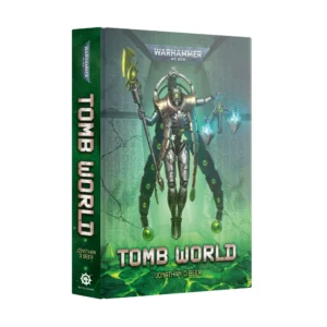A 3D perspective product shot displaying the front cover and spine of a Black Library hardback novel 'Tomb World (Anglais)' set in the Warhammer 40,000 universe. The main cover illustration features a metallic Necron robotic figure, resembling a Cryptek, floating in mid-air against a luminous green backdrop filled with matrix-like digital patterns. The skeletal android holds a long staff tipped with a glowing green blade in its right hand, while its left hand subtly controls floating geometric shapes and floating green orbs crackling with energy. The silver "WARHAMMER 40,000" logo is centered at the top. Near the bottom, the title "TOMB WORLD" is written in large, blocky, metallic letters, with the author's name "JONATHAN D BEER" printed in a clean green font directly underneath. The dark green book spine on the left clearly repeats the title, author name, and official Black Library emblems.