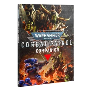 A product shot showing the front cover and spine of the Warhammer 40,000: Combat Patrol Companion (Anglais) book, angled to showcase its thickness. The cover art is split into two dramatic battle scenes against a dark, textured background. The top half features a massive, roaring green-skinned Ork Warboss wearing heavy, rusted armor with horns and skulls. The bottom half depicts a fierce battlefield engulfed in fiery orange tones, where a blue Ultramarines Space Marine fires his bolt rifle at charging Ork warriors. In the center, the silver and blue Warhammer 40,000 logo rests above the bold white title text 'COMBAT PATROL COMPANION', accented by a vibrant red downward-pointing triangle.