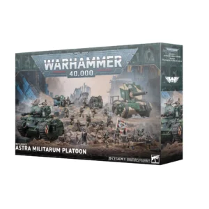 Boîte de jeu officielle Warhammer 40,000 mettant en avant le Bataillon: Peloton de l’Astra Militarum sur fond de ruines de guerre gothiques. L'illustration principale présente une armée de figurines Citadel peintes en vert militaire et beige, comprenant des troupes de choc, des pièces d'artillerie et d'imposants chars de combat alignés sur un sol rocheux et poussiéreux. Le logo métallique gris "Warhammer 40,000" est fièrement affiché en haut, tandis que la mention textuelle blanche "Battleforce Astra Militarum Platoon" apparaît clairement en bas à gauche de l'emballage.