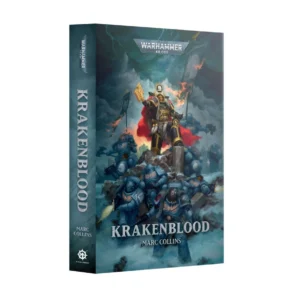 A professional perspective product shot showcasing the front cover and spine of the book Krakenblood (Paperback) (Anglais) from the Warhammer 40,000 series. The front cover artwork illustrates a fierce squad of Space Marines clad in blue power armor defending a snowy, rocky mountain peak beneath a dark teal, stormy sky. At the summit, a commanding warrior with a flowing bright red cape holds a golden book-shaped relic aloft, framed by a war banner engulfed in vibrant orange flames. Below him, his battle-brothers fire their weapons into the icy mist, producing bright yellow muzzle flashes. The official silver and white "WARHAMMER 40,000" logo is centered at the top. The title is displayed at the bottom in a large metallic silver font right above the author's name, Marc Collins. The book's matching dark teal spine cleanly displays the title and publisher logos vertically in crisp white text.