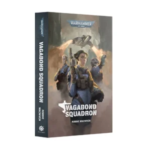 A professional perspective product shot of the file 60100181553_BLVagabondSquadron2026.jpg displaying the front cover and spine of the book Vagabond Squadron (Paperback) (Anglais). The main cover artwork shows three Imperial aeronautical crew members in blue uniforms standing amidst clouds of brown and beige smoke. At the center, a determined woman stands holding a pistol upright, with flight goggles around her neck and a pilot helmet tucked under her left arm. To the left, a stern-faced man looks onward, while to the right, a crew member wearing a skull-faced pilot helmet aims a green laspistol upward. Above them, a twin-engine fighter aircraft streaks through the hazy sky, leaving two brilliant orange columns of jet exhaust. The official silver-blue "WARHAMMER 40,000" logo is centered at the top. The title "VAGABOND SQUADRON" appears in bold white block letters at the bottom next to a white aircraft silhouette icon, right above the author's name, Robbie MacNiven. The dark grey spine neatly displays the game logo, the book title, the author's name, and the Black Library insignia vertically in white.