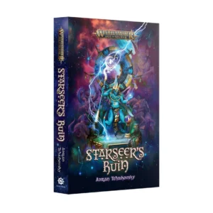 A professional perspective product shot displaying the front cover and spine of the book Starseer's Ruin (Paperback) (Anglais) from the Warhammer Age of Sigmar universe. The main cover artwork features a stunning, immersive cosmic background filled with a swirling nebula in deep shades of purple, magenta, and dark blue, detailed with glowing stars and faint constellation lines. At the center stands a blue-skinned Seraphon Skink Starseer adorned with golden ceremonial jewelry, raising a staff that cracks with brilliant white and blue magical lightning bolts. Behind the character, a large, intricate golden circular stellar portal or astrolabe frames the scene. The official gold "Warhammer Age of Sigmar" logo is positioned at the top, while the title "STARSEER'S RUIN" is written in a stylized, ancient fantasy font at the bottom above the author's name, Adrian Tchaikovsky. The black spine features a starry pattern and displays the Black Library insignia, the book title, and the author's name vertically in white text.