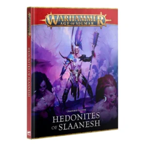 A 3D product mockup of the hardcover book Chaos Battletome: Hedonites of Slaanesh (Anglais) viewed from a three-quarter perspective against a solid white background. The front cover is bordered by a rich red textured band at the top, featuring the official gold and blue "WARHAMMER AGE OF SIGMAR" logo. The central artwork is bathed in dramatic shades of purple, magenta, and pink, showcasing a pale, heavily muscled Chaos champion with a tall, vibrant blue and purple hair crest. He wears ornate, metallic blue armor panels and confidently holds a massive spiked mace. Sinister, smiling cultists and daemonic figures lurk behind him in a hazy twilight. The bottom section of the cover transitions to a solid black background, displaying the text "CHAOS BATTLETOME" in small white letters directly above the main title "HEDONITES OF SLAANESH" in large, elegant white capitals. The red spine of the book is visible on the left, with the title printed vertically.