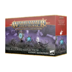 Boîte d'emballage cartonné officielle présentée en perspective de trois-quarts, mettant en avant le Régiment de Renom : Le Reflet Maudit pour le jeu Warhammer Age of Sigmar. La face avant, encadrée de bordures dorées, arbore le logo officiel « WARHAMMER AGE OF SIGMAR » au-dessus de l'inscription « REGIMENTS OF RENOWN ». L'illustration centrale est plongée dans une atmosphère de caverne sombre et de brume violette, dévoilant quatre figurines Citadel assemblées et peintes : deux miroirs sur pied richement ornés aux reflets magiques bleu cyan, une excroissance de coraux sombres et une entité fantomatique en forme de visage pâle hurlant projetant de longs tentacules noirs. Le bas de la boîte affiche la mention « HEDONITES OF SLAANESH - THE ACCURSED REFLECTION » à côté de l'inscription « 4 CITADEL MINIATURES/FIGURINES ». Le côté de la boîte, de couleur rouge vif, présente le symbole blanc de Slaanesh ainsi que les titres du produit en anglais et en français.
