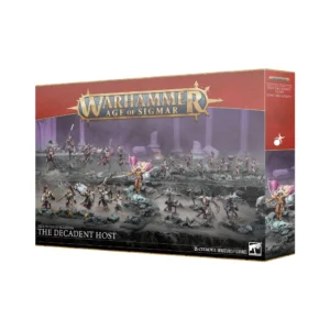 Boîte de jeu fermée du Bataillon: Hédonites de Slaanesh – L'Ost Décadent pour le jeu de figurines Warhammer Age of Sigmar, présentée de trois-quarts. La face avant de la boîte est surmontée du grand logo doré officiel "Warhammer Age of Sigmar". L'illustration centrale met en scène une armée de 25 figurines Citadel disposées sur un sol rocheux et sombre, baigné dans une brume violette mystique avec des ruines de colonnes antiques en arrière-plan. Les guerriers et cavaliers portent des armures dorées polies et des tissus de couleur rose et pourpre. En bas à gauche, l'inscription blanche indique "Hedonites of Slaanesh - The Decadent Host". Le coin inférieur droit affiche le logo Citadel blanc précisant le contenu de 25 figurines. Le rabat latéral droit de la boîte, de couleur rouge vif, présente le symbole stylisé de Slaanesh en blanc ainsi que le titre du produit en anglais et en français.