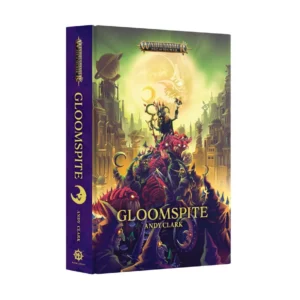 A three-quarter view of the closed hardback edition of the Warhammer Age of Sigmar novel, Gloomspite (English) by Andy Clark, showcasing both the front cover and the spine. The front cover features a dark, fantastical illustration of a city silhouette set against a sickly, glowing yellow and green sky dominated by a massive, leering Bad Moon. In the foreground, a chaotic horde of green-skinned grots in dark hoods and vicious red Squigs forms a pyramid, topped by a Gloomspite shaman raising a staff. The title "GLOOMSPITE" is printed in large, metallic gold capital letters near the bottom, with the author's name "ANDY CLARK" written just below it. The spine is a deep, textured purple color, displaying the gold Warhammer Age of Sigmar logo at the top, followed vertically by the title "GLOOMSPITE", a stylized crescent moon icon, the author's name, and the Black Library logo at the base.