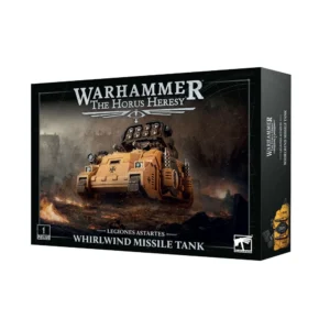 Boîte de produit officielle Warhammer: The Horus Heresy présentant le Char Lance-missiles Whirlwind. L'emballage noir possède un liseré blanc et met en avant une illustration immersive d'un char de combat de couleur jaune ocre foncé avançant sur un terrain de guerre sombre et fangeux, parsemé de flammes vives au sol. Le véhicule est équipé d'une imposante batterie de missiles noire orientée vers le ciel sur sa tourelle et arbore une icône de croix noire sur son blindage avant. Le logo officiel blanc "WARHAMMER THE HORUS HERESY" est centré en haut de la boîte, tandis que les mentions textuelles "LEGIONES ASTARTES" et "WHIRLWIND MISSILE TANK" apparaissent en lettres capitales blanches au bas. Les logos Citadel Miniature et Warhammer occupent respectivement les coins inférieurs gauche et droit.