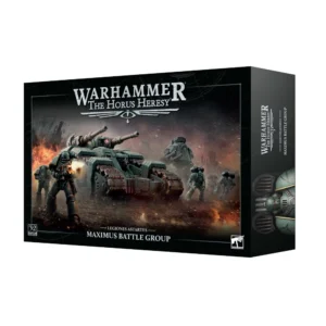 Vue en perspective de la boîte de figurines Legiones Astartes : Groupe de Combat Maximus pour le jeu Warhammer The Horus Heresy. L'illustration principale de la face avant dépeint une scène de guerre intense sous un ciel obscurci par la fumée et les explosions. Au centre, un imposant char d'assaut lourd avance fièrement sur un sol dévasté. Sur la gauche, un Space Marine en armure énergétique vert sombre fait feu avec son bolter, laissant apparaître un flash lumineux à la bouche du canon, tandis que d'autres guerriers et un impressionnant Dreadnought de soutien progressent en arrière-plan. Le logo blanc officiel "Warhammer The Horus Heresy" est centré en haut. Le coin inférieur gauche affiche un macaron indiquant "32 Citadel Miniatures". La tranche noire de la boîte reprend le titre du set et présente un visuel en gros plan d'un casque et d'une épaulière de Space Marine aux couleurs de la légion.