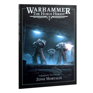 A professional perspective product shot showing the front cover and spine of the Journal Tactica: Zone Mortalis (Anglais) notebook from the Warhammer The Horus Heresy series. The dark and atmospheric cover artwork depicts a squad of Space Marines clad in heavy armor advancing through a claustrophobic, metallic industrial corridor illuminated by harsh, cold blue overhead lights. The warrior on the right is firing his weapon, casting a bright white muzzle flash across the scene, while his squad mates move cautiously forward through the shadows. The official white "WARHAMMER THE HORUS HERESY" logo is prominently printed at the top center. At the bottom, the words "JOURNAL TACTICA" and "ZONE MORTALIS" are displayed in a clean, elegant white serif font. The thin black spine on the left repeats the game logo and titles vertically in white text.