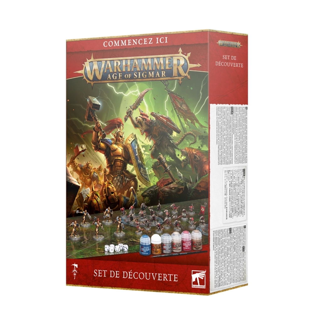 Boîte d'emballage officielle de Warhammer au format vertical, présentant le Set de découverte Age of Sigmar. L'illustration principale montre un affrontement épique sous des éclairs magiques verdâtres entre de fiers guerriers en armure dorée étincelante (les Stormcast Eternals) brandissant des marteaux de guerre, et une horde de créatures-rats féroces (les Skavens) armées de lames rouillées et de bannières déchirées. Au bas de la boîte, les figurines miniatures en plastique sont mises en scène sur un terrain de jeu, devant une rangée de cinq dés blancs, un pinceau de modélisme et cinq pots de peinture Citadel alignés (bleu, or, argent, rouge, marron). Le bandeau supérieur rouge affiche la mention blanche "COMMENCEZ ICI" juste au-dessus du logo doré du jeu. La large bande inférieure rouge indique "SET DE DÉCOUVERTE" en lettres capitales blanches avec le logo de Games Workshop à droite.