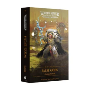 A professional perspective product shot showcasing the front cover and spine of the book False Gods (Hardback) (Anglais) from the Warhammer The Horus Heresy series. The central book cover artwork features an intense swampy battlefield rendered in murky shades of yellow, olive green, and dark brown. In the foreground, an imposing Space Marine leader clad in ornate white and gold Terminator armor brandishes a power sword crackling with bright blue lightning bolts while aiming a storm bolter forward. Two other armored warriors advance through the misty haze in the background. The black spine of the book displays gold-leaf typography indicating the Roman numeral II, the Warhammer The Horus Heresy logo, the book title, the author's name Graham McNeill, and the Black Library insignia. The main title is repeated in gold at the bottom of the front cover above the text "The New York Times bestselling series".