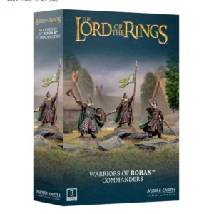 Vue de trois quarts de la boîte de figurines Warriors of Rohan Commanders pour le jeu de stratégie Middle-earth. Le packaging présente un fond bleu nuit texturé avec le célèbre logo doré "The Lord of the Rings" en haut. L'illustration centrale montre trois figurines peintes du Rohan sur un terrain rocheux et herbeux, devant un village de l'univers de Tolkien aux toits de chaume sous un ciel nuageux. De gauche à droite se trouvent : un guerrier tenant une haute bannière verte ornée d'un cheval blanc, un capitaine barbu en armure d'écailles brandissant une hache et un bouclier rond, et un sonneur de cor équipé d'une lance. Le bas de la boîte indique le titre du produit, le logo "Middle-earth Strategy Battle Game" et le macaron "3 Citadel Miniatures".
