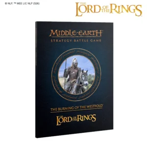 Three-quarter product view of the softcover supplement book for Middle-earth™ Strategy Battle Game: The Burning of the Westfold™ (Anglais) against a clean white background. The book features a dark navy blue, leather-textured cover with elegant golden typography. In the center, a circular artwork is framed by a golden ring detailed with glowing Elvish script. The illustration inside the circle depicts a Rohan warrior wearing a metallic helmet and detailed chainmail armor, riding a dapple-grey warhorse under a blue sky. Above this central emblem, the copper-colored title "MIDDLE-EARTH STRATEGY BATTLE GAME" is clearly printed, while the gold text "THE BURNING OF THE WESTFOLD™" sits underneath it, right above the iconic golden "THE LORD OF THE RINGS" logo at the base. A duplicate, larger golden "THE LORD OF THE RINGS" logo floats in the upper-right corner of the image composition.