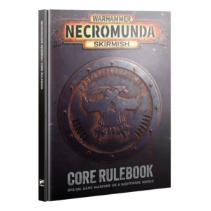 A hardback copy of the Necromunda: Core Rulebook (Anglais) displayed from a three-quarter angle against a white background. The cover features a dark, weathered industrial metallic plate texture with faint glowing embers along the edges. At the top, a riveted metallic plaque displays the "WARHAMMER NECROMUNDA SKIRMISH" logo in gold and white letters flanked by skull motifs. In the center, a circular steel hatch plate is embossed with the Necromunda stylized skull emblem and the stamped serial number "B50-AP/18903//M/h". At the bottom, the title "CORE RULEBOOK" is printed in large white stencil typography above the tagline "BRUTAL GANG WARFARE ON A NIGHTMARE WORLD". The left spine reads "NECROMUNDA SKIRMISH: CORE RULEBOOK" with the small white Citadel logo at the bottom.