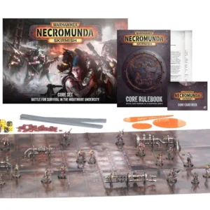 A comprehensive product shot displaying all contents of the Necromunda Skirmish: Core Set (Anglais) arranged on a white background. In the upper background, the main box displays dynamic artwork of heavily armed gang fighters clashing in an industrial undercity under the Warhammer Necromunda Skirmish Core Set logo. Alongside the box are the softcover Core Rulebook featuring a metallic skull seal on its cover, reference cards, and the Core Card Deck. In the foreground, a large foldable gaming mat depicting a dark industrial floor is populated with multiple painted gang miniatures taking cover around terrain pieces such as pipes, control terminals, and barricades. Additional gaming components include yellow and black dice, red tokens, grey measuring sticks, and translucent orange blast templates.