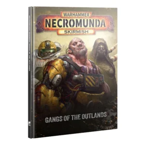 Front cover of the Necromunda: Gangs of the Outlands (Anglais) hardback rulebook displayed angled vertically on a white background. At the top of the cover, the red and metallic gold Warhammer Necromunda Skirmish logo sits against a dusty beige atmospheric backdrop with glowing sparks. The central artwork features three rugged outland fighters: a large Ogryn in yellow industrial armor with a heavy power unit attached to his shoulder in the foreground, flanked on the left by an armored prospector wearing a domed helmet with a headlamp, and on the right by a hooded wasteland nomad with a rebreather mask and red glowing lenses. Near the bottom, the title Gangs of the Outlands is printed in bold grey capital letters over a dark grid texture. The spine on the left displays the full title in white text.