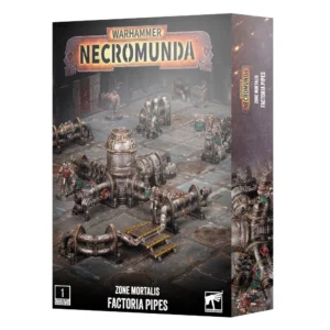 Boîte de produit officielle du kit de décors Zone Mortalis Factoria Pipes pour le jeu Necromunda, vue de trois-quarts. En haut de l'emballage, le logo métallique industriel WARHAMMER NECROMUNDA apparaît sur un fond sombre aux éclats incandescents. L'illustration centrale met en scène un réseau complexe de tuyaux et de conduits métalliques patinés, des réservoirs cylindriques, des valves rouges, des terminaux d'accès et une petite passerelle aux marches zébrées de jaune et noir, disposés sur des dalles industrielles en métal gris. Des silhouettes de combattants de gang sont visibles en arrière-plan. La tranche droite de la boîte est sombre avec le titre du produit. En bas à gauche, le bandeau noir affiche la mention « 1 CITADEL SCENERY SET », le titre « ZONE MORTALIS FACTORIA PIPES » en lettres blanches et le logo carré blanc Citadel Warhammer à droite.