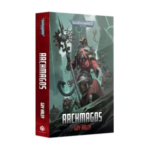 Three-quarter view photograph on a plain white background of the Black Library novel Archmagos (Paperback). At the top of the cover, the official "WARHAMMER 40,000" logo is displayed in silver above artwork set in an eerie green misty atmosphere. The central figure is an Adeptus Mechanicus Archmagos wearing a hooded red robe, cybernetic faceplates, and breathing tubes. He holds a large ornate power axe topped with a cogwheel skull, surrounded by floating servo-skulls, mechadendrites, and green-glowing monolithic structures. The title "ARCHMAGOS" is written at the bottom in bold white futuristic lettering, with "GUY HALEY" printed in red below it. The book's spine on the left is red with a subtle grid pattern, displaying the title, author name, and the Black Library logo at the base.
