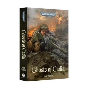 A perspective shot of the official Black Library novel Ghosts of Cadia (Hardback) (Anglais), presented against a solid white background. The cover and spine feature a dark, atmospheric illustration dominated by muddy browns, military greens, and bright orange explosions tearing through a battlefield in the background. The central artwork depicts a female Cadian soldier lying prone in a trench, wearing a green helmet with an Imperial Aquila emblem and green shoulder armor. She looks determinedly through the scope of a large sniper rifle wrapped in camouflage fabric. In the muddy foreground, a metallic skull-and-gear cog symbol is partially buried. The top of the front cover displays the silver "WARHAMMER 40,000" logo, while the title "Ghosts of Cadia" is written in a stylized gothic white font near the bottom, right above the author's name "Rob Young". The dark grey spine vertically displays the title and author name, alongside a small thumbnail of the cover art and the white Black Library logo at the base.