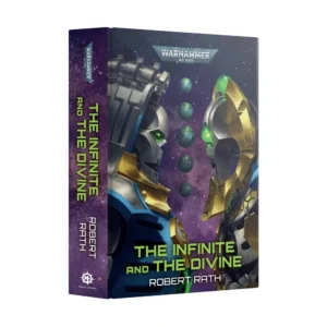 A hardback copy of the novel The Infinite and the Divine (Hardback) (Anglais) by Robert Rath, displayed from a three-quarter angle against a white background. The front cover features the silver metallic WARHAMMER 40,000 logo at the top against a dark, starry cosmic background. The artwork depicts two opposing Necron figures in profile facing each other: Trazyn the Infinite on the left in blue and gold armor with glowing green eye sockets, and Orikan the Diviner on the right wearing an ornate golden headpiece with glowing green accents. Floating between them in space is a vertical line of five planetary orbs. At the bottom, the title "THE INFINITE AND THE DIVINE" is printed in bold glowing green typography above the author's name "ROBERT RATH" in white. The purple galaxy-patterned spine on the left displays the title in green, the author's name, the Warhammer 40,000 logo, and the Black Library logo at the base.