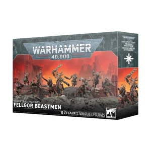 Photo de présentation de trois-quarts sur fond blanc de la boîte de la garnison Kill Team: Hommes-bêtes Affregors. Au sommet de la boîte, le grand logo officiel "WARHAMMER 40,000" est inscrit en lettres métalliques blanches sur un bandeau bleu ardoise. L'illustration centrale, dominée par un ciel incandescent rouge et orange au-dessus de ruines industrielles en combustion, met en scène 10 figurines peintes de la boîte Kill Team: Hommes-bêtes Affregors. Ces guerriers mutants aux têtes d'animaux cornus et au corps couvert de furie sont armés d'épées tronçonneuses, de haches ébréchées, de pistolets et d'icônes du Chaos. En bas à gauche du visuel, le texte indique "CHAOS SPACE MARINES FELLGOR BEASTMEN". La bande noire inférieure porte la mention "10 CITADEL MINIATURES/FIGURINES" à côté du logo officiel "WARHAMMER" sur la droite. La tranche latérale affiche l'étoile à huit branches du Chaos ainsi que les titres en anglais et en français.
