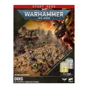 A front-facing view of the official box packaging for the Warhammer 40,000 Getting Started with Orks (Anglais) starter set. The top of the packaging features a solid red banner displaying the white text "START HERE", positioned directly above the large, metallic grey and blue "WARHAMMER 40,000" logo. The right side of the box art features a dramatic, detailed illustration of a giant, roaring green-skinned Ork warrior wearing scrap metal armor. Spread across a ruined rocky battlefield in front of the artwork are the 33 included plastic miniatures, all fully painted, featuring a vast horde of Ork infantry and a heavy combat trike vehicle. On the lower right side, two Citadel paint pots ("Orruk Flesh" and "Leadbelcher") are shown next to a text label indicating eleven 12ml pots are included. The bottom of the box is a thick black band with white typography reading "GETTING STARTED WITH ORKS" and "33 CITADEL MINIATURES/FIGURINES" next to the Games Workshop logo.
