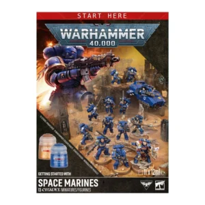A front view of the official starter set packaging for Warhammer 40,000 Getting Started with Space Marines (Anglais). At the top, a striking red banner displays the words "START HERE" in white capital letters, positioned just above the large, metallic grey and blue "WARHAMMER 40,000" logo. The central box art features a dramatic illustration of a giant Space Marine from the Ultramarines chapter in blue power armor, raising his bolter rifle on a smoke-filled, war-torn battlefield. In front of this artwork, the thirteen included plastic miniatures are shown fully painted, deployed on a rocky terrain alongside a light assault vehicle. On the bottom left, two Citadel paint pots displaying "Retributor Armour" and "Macragge Blue" are featured. The bottom section of the box is solid black, displaying white text that reads "GETTING STARTED WITH SPACE MARINES" and "13 CITADEL MINIATURES/FIGURINES" next to the official Warhammer and Citadel logos.