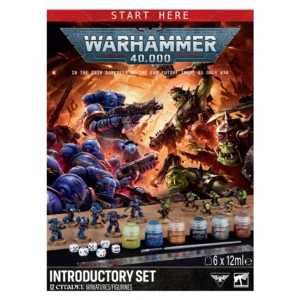 The front product packaging for the Warhammer 40,000: Introductory Set (Anglais) is displayed vertically against a solid white background, showcasing its contents. The top of the box features a prominent red banner reading "START HERE" above the large metallic blue "WARHAMMER 40,000" logo. The main central artwork is a highly detailed, fiery battle scene depicting blue-armored Space Marines fighting green-skinned Orks amidst smoke and explosions. Overlaid at the bottom of this artwork is a showcase of the physical components included in the box: five assembled Space Marine miniatures on the left, a group of Ork miniatures on the right, six pots of Citadel Colour paints (including green, blue, gold, black, silver, and brown), a starter paint brush, six white dice, and a clear plastic measuring ruler. The bottom white border of the box reads "INTRODUCTORY SET" and "12 CITADEL MINIATURES/FIGURINES" with official logos.