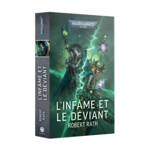 Livre broché L’Infâme et le Déviant (Broché) de Robert Rath, issu de l'univers Warhammer 40,000, présenté sous un angle de trois-quarts. En haut au centre de la couverture, le logo officiel WARHAMMER 40,000 apparaît en lettres métalliques argentées sur une plaque grise. L'illustration centrale, dominée par de sombres tons vert émeraude et noir avec des éclairs d'énergie verdâtres, met en scène deux personnages Nécrons cybernétiques aux corps métalliques tenant des bâtons de phase et manipulant un cube d'énergie violette. Le titre « L'INFÂME ET LE DÉVIANT » est écrit en grandes lettres majuscules blanches au bas de la couverture, surmontant le nom de l'auteur « ROBERT RATH ». La tranche grise du livre affiche verticalement le logo Warhammer 40,000, une vignette montrant le visage d'un Nécron, le titre du livre en blanc, le nom de l'auteur et le logo de la Black Library à la base.