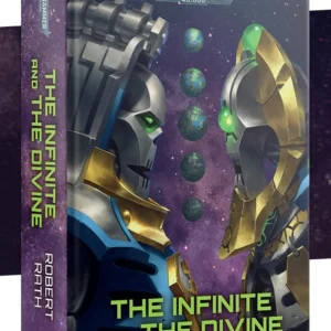Front cover of the hardback novel The Infinite and the Divine (Hardback) (Anglais) by Robert Rath shown vertically at an angle against a starry space background. At the top center, the official silver Warhammer 40,000 logo is displayed. The illustration depicts the metallic profile portraits of two Necron lords facing each other against a purple star-filled cosmos, with a vertical alignment of evolving planets positioned between them. On the left stands Trazyn the Infinite with glowing green eyes and gold-and-blue armor plates, while Orikan the Diviner faces him on the right in silver and gold armor. At the bottom, the title is printed in vibrant green capital letters above the author name in white text. The purple spine on the left repeats the logo, title, author name, and Black Library logo at the bottom.