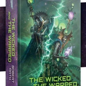 Front cover of the hardback novel The Wicked and the Warped (Hardback) (Anglais) by Robert Rath displayed vertically at an angle against a starry dark space background. At the top center of the cover sits the official silver Warhammer 40,000 logo. The artwork features a Necron Cryptek in metallic silver armor with glowing green accents, holding a staff topped with a glowing green orb, surrounded by green crackling energy tendrils and glowing violet cubes. At the bottom of the cover, the book title is written in futuristic bright green capital letters above the author name in white text. The purple spine on the left repeats the Warhammer 40,000 logo, the title in bright green, the author name in white, and the Black Library symbol at the base.