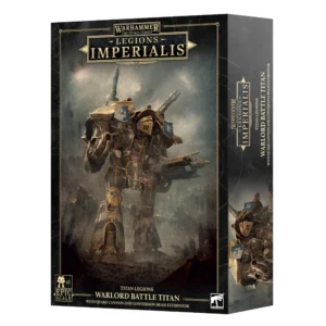 Vue de trois-quarts sur fond blanc de la boîte de jeu officielle contenant le Legions Imperialis: Warlord Titan with Quake Cannon and Conversion Beam Extirpator. L'illustration principale sur la face avant montre un immense titan bipède de l'Imperium à l'armure sombre et patinée, piétinant un champ de bataille embrumé et parsemé de ruines industrielles. Le colosse métallique est lourdement armé, brandissant un canon sismique d'un côté et un extirpateur à faisceau de conversion de l'autre, avec des bannières héraldiques bleues et dorées fixées sur ses épaulières massives. En haut de la boîte, le logo doré élégant indique "WARHAMMER THE HORUS HERESY - LEGIONS IMPERIALIS". En bas, sur un bandeau noir, figurent la mention du contenu à l'échelle épique (Epic Scale) ainsi que le nom complet du kit. La tranche droite de l'emballage, sur fond sombre, reprend de manière verticale les visuels et les inscriptions officielles du produit.