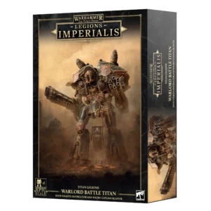 Vue de trois-quarts sur fond blanc de la boîte de jeu officielle contenant le Legions Imperialis: Warlord Titan with Volkite Destructor and Macro-Gatling Blaster. L'illustration principale sur la face avant présente un immense titan bipède de l'Imperium à l'armure sombre et patinée, arpentant un champ de bataille brumeux aux teintes ocres, parsemé de ruines industrielles. Le colosse métallique est lourdement armé, équipé d'un destructeur volkite d'un côté et d'un macro-éclateur gatling de l'autre, avec des bannières héraldiques pendant entre ses jambes massives. En haut de la boîte, le logo élégant indique "WARHAMMER THE HORUS HERESY - LEGIONS IMPERIALIS". En bas, sur un bandeau noir, figurent la mention de l'échelle épique (Epic Scale) ainsi que le nom complet du kit. La tranche droite de l'emballage, sur fond sombre, reprend de manière verticale les visuels et les inscriptions officielles du produit.