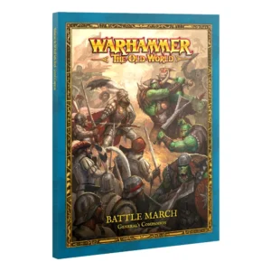 Three-quarter product view of the softback book cover for Warhammer: The Old World – Battle March: General's Companion (Anglais) against a clean white background. The book features a prominent teal-blue outer border that frames an elegant, rectangular gold border decorated with intricate runic patterns. The central cover artwork depicts a chaotic, high-action battle scene between human soldiers and green-skinned Orcs. Near the center, a human knight in polished plate armor and a feathered helmet locks weapons with a muscular Orc warrior wielding a massive two-handed axe. The surrounding combatants include infantrymen in Renaissance-style armor and fierce Orcs clashing amidst the smoke of war. The iconic red and gold "WARHAMMER THE OLD WORLD" logo is positioned at the top center, while the titles "BATTLE MARCH" and "General's Companion" are printed in clean gold typography near the bottom.