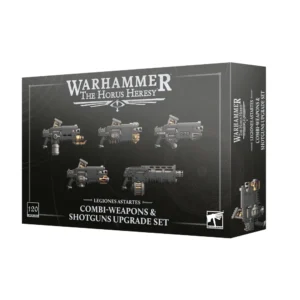 Boîte de produit officielle du kit d'Améliorations Armes Combinées & Fusils à Pompe des Legiones Astartes pour le jeu Warhammer: The Horus Heresy. L'emballage rectangulaire arbore un fond gris anthracite décoré de schémas géométriques tactiques blancs et de lignes de texte gothique estompées. En haut au centre est imprimé le logo blanc Warhammer The Horus Heresy surmontant l'icône de l'Œil d'Horus. La face avant met en avant cinq modèles d'armes en plastique gris métallique avec des détails cuivrés et dorés, comprenant des variantes de combi-lance-flammes, combi-fusil à fusion, combi-plasma et un fusil à pompe à chargeur tambour. En bas à gauche, un encadré blanc précise 120 Upgrades. Au centre inférieur, le texte indique Legiones Astartes suivi de la mention Combi-Weapons & Shotguns Upgrade Set en grands caractères blancs. Le logo carré Citadel Warhammer figure en bas à droite, tandis que le flanc droit de la boîte reprend le nom de l'extension avec l'illustration d'une arme combinée.