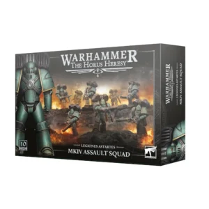 Vue de trois-quarts sur fond blanc de la boîte de jeu officielle contenant l'Escouade d’Assaut MkIV pour Warhammer The Horus Heresy. L'illustration principale sur la face avant présente dix figurines de Space Marines de la Légion aux armures vert-de-gris patinées, progressant à travers un paysage volcanique en flammes et embrumé, certains fendant les airs grâce à leurs réacteurs dorsaux. Sur la gauche, un Space Marine en gros plan se dresse en armure énergétique complète. En haut de la boîte, le logo doré élégant indique "WARHAMMER THE HORUS HERESY". En bas, sur un bandeau noir, figurent la mention "10 CITADEL MINIATURES", le sous-titre "LEGIONES ASTARTES" et le nom "MKIV ASSAULT SQUAD", accompagnés du logo blanc de Warhammer dans le coin inférieur droit. La tranche droite de l'emballage, sur fond sombre, reprend de manière verticale les visuels et les inscriptions de la gamme.