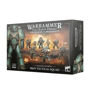 Vue de trois-quarts sur fond blanc de la boîte de jeu officielle contenant l'Escouade Tactique MkIV pour Warhammer The Horus Heresy. L'illustration principale sur la face avant met en scène vingt figurines de Space Marines de la Légion aux armures vert-de-gris patinées, progressant au milieu d'un paysage volcanique jonché de débris fumants et de flammes. Sur la gauche, un Space Marine en armure énergétique se dresse en très gros plan. En haut de la boîte, le grand logo doré indique "WARHAMMER THE HORUS HERESY". Le bandeau noir situé au bas de l'emballage affiche la mention "20 CITADEL MINIATURES" à gauche, ainsi que les inscriptions "LEGIONES ASTARTES" et "MKIV TACTICAL SQUAD" au centre, accompagnées du logo blanc de Warhammer dans le coin inférieur droit. La tranche droite de la boîte, sur fond sombre, reprend de manière verticale les codes visuels et textuels de la gamme.