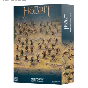 Boîte de jeu officielle pour le jeu de stratégie Middle-earth présentant l'ensemble Mirkwood™ Battlehost. L'illustration centrale met en valeur une armée de 42 figurines Citadel peintes représentant les Elfes de la Forêt Noire, incluant des archers, des lanciers et des guerriers en armure disposés dans une clairière forestière. Le haut de l'emballage affiche le logo cuivré « The Hobbit », tandis que la partie inférieure comporte le titre du produit, le logo « Middle-earth Strategy Battle Game » et le macaron « 42 Citadel Miniatures ».