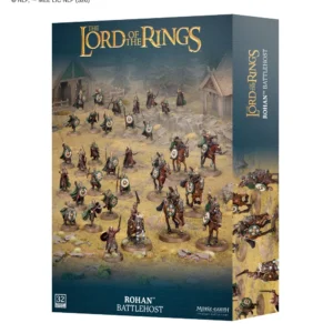 Boîte de jeu officielle pour le jeu de stratégie Middle-earth présentant l'ensemble Rohan™ Battlehost. L'illustration centrale met en scène une armée de 32 figurines Citadel peintes représentant les forces du Rohan, incluant des cavaliers armés de lances et de boucliers, des guerriers à pied et des héros, disposés devant un village d'inspiration nordique aux bâtiments en bois. Le haut de l'emballage affiche le logo doré « The Lord of the Rings », tandis que la partie inférieure comporte le titre du produit, le logo « Middle-earth Strategy Battle Game » et le macaron « 32 Citadel Miniatures ».