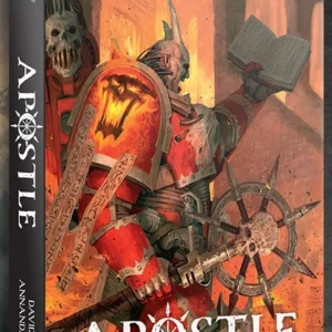 A 3D product view displaying the front cover and spine of Apostle (Paperback) (Anglais). The cover art features the silver "WARHAMMER 40,000" logo at the top above a warrior in red armor etched with glowing unholy runes, holding an open tome high in one hand and a spiked Chaos star icon in the other set against a fiery gothic hall. The title "APOSTLE" is printed near the bottom in white capital letters with an eight-pointed Chaos star inside the letter O, above the author name "DAVID ANNANDALE". The dark spine shows the Warhammer 40,000 logo, book title, author, and Black Library logo at the base.